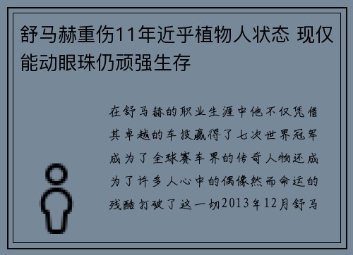 舒马赫重伤11年近乎植物人状态 现仅能动眼珠仍顽强生存